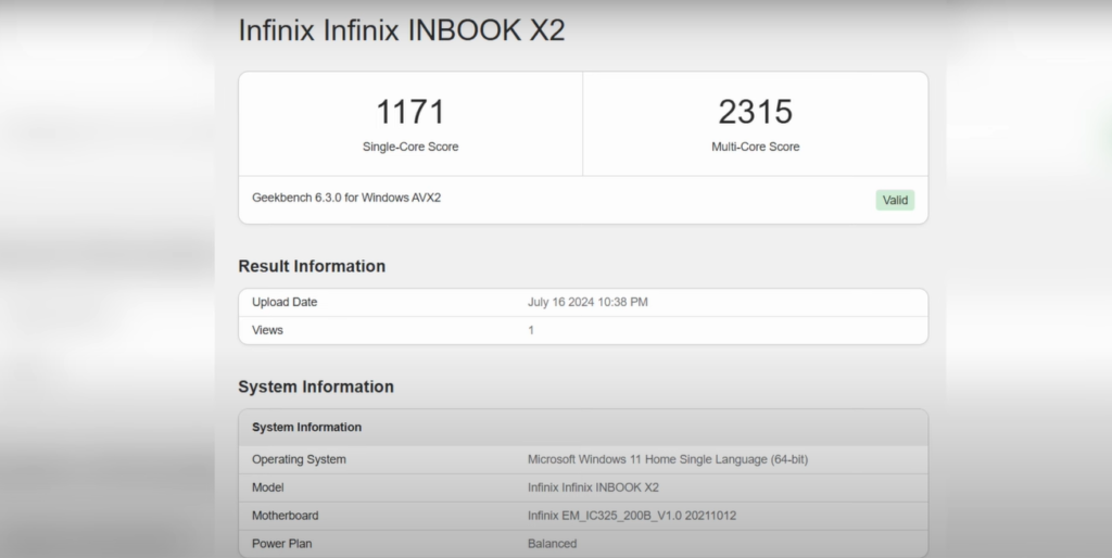 Infinix InBook X2  bench score